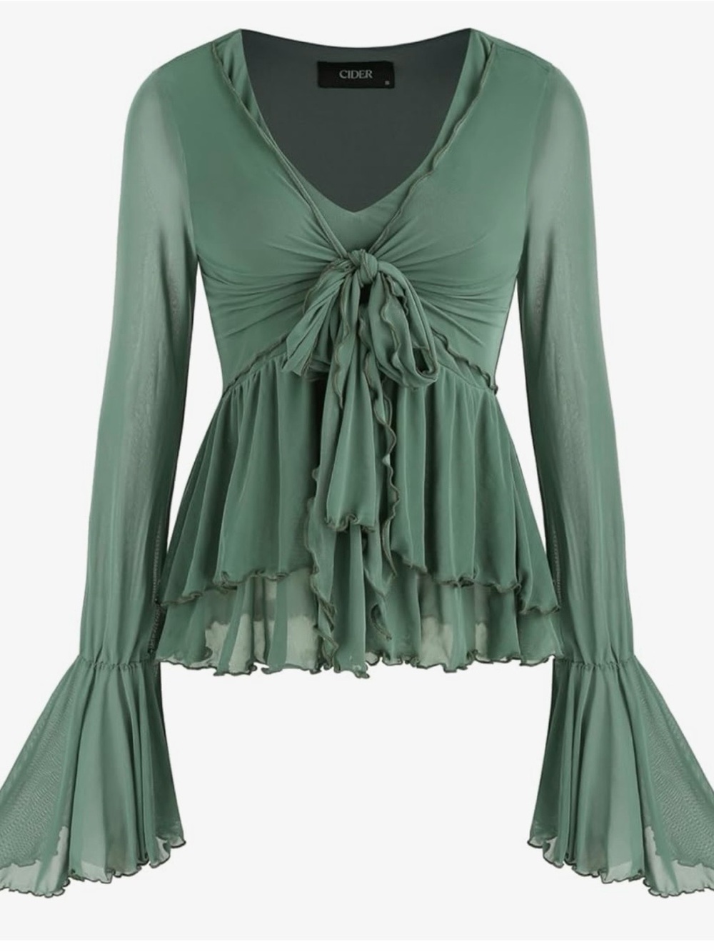 Cider Sage Green Tie-Front Ruffle Peplum Blouse